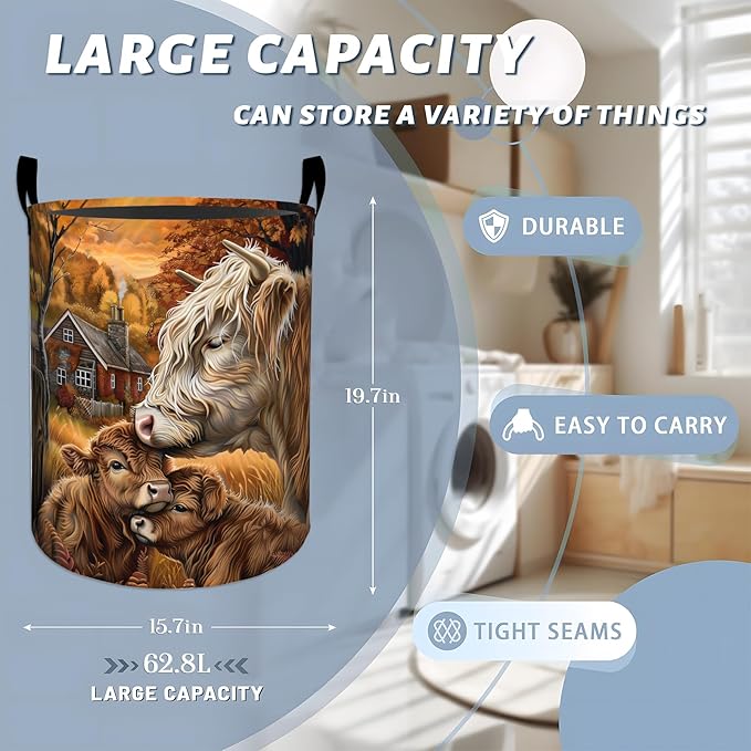 Rustic Highland Cow with Calf Laundry Basket with Handles, 19.7"x15.7" Clothes Foldable Cows Laundry Hamper Organizer for Dorm Nursery Bedroom Bathroom Decor, Toy Storage Bin for Kids