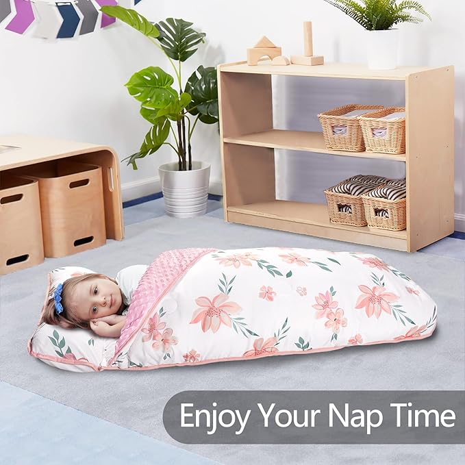 Primlect Thickened Toddler Nap Mat with Removable Pillow and Minky Blanket, Extra Large 55''x35'' Sleeping Bag, Washable, Roll up, Perfect for Daycare, Preschool, Kindergarten, Boys and Girls Flowers