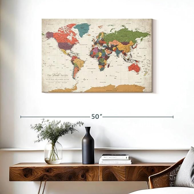 ElephantStock - Personalized World Awaits II Push Pin World Map Wall Art - Horizontal Canvas Wall Art - Living Room Wall Decor - Digital Art Map Canvas Art - Green And Beige Decor - 36" x 24"