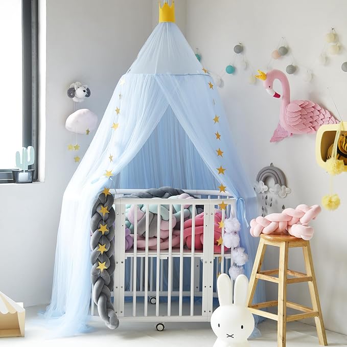 Bed Canopy for Girls - Soft, Washable and Easy to Install, Crib Canopy for Girls' Room with Star Decor, Princess Bed Canopy for Crib,Bed,Reading Nook, Blue