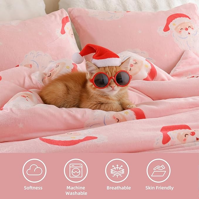 JANZAA Christmas Full Size Comforter Sets, Pink Flannel Comforter with Santa Pattern, Soft Cozy Fleece Bedding Set Fluffy Comforter Set 1 Full Comforter(79"*90") and 2 Pillowcases (20"*26")