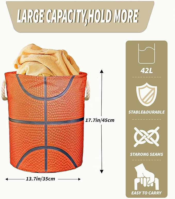 Basketball Laundry Basket Gifts for Boys, Boys' Room Decor Kids Nursery Hamper for Sports Room Basketball Decor 17.7x13.7 Inch