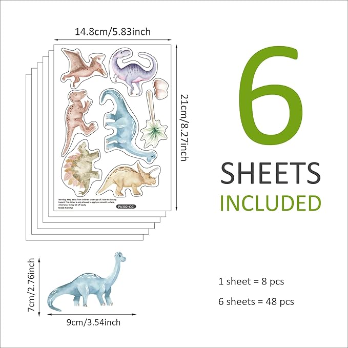 YouRfocus Dinosaur Wall Decals, Animal Boys Bedroom Wall Stickers 48 Decals, Removable Decor Peel and Stick Nursery Kids Room Playroom Vinyl Murals DIY Decorations (6 Sheets)