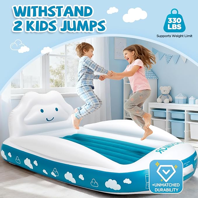 Inflatable Toddler Travel Bed, Portable Kids Air Mattress with 4-Sides Safety Bumpers & Electric Pump, Toddler Blow Up Mattress Bed for Travel Camping Grandma's Sleepovers, Gift for Kids