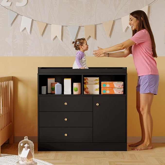 Baby Changing Table Dresser, Wooden Diaper Changing Station with 2 Open Shelves, 3 Drawers, and 1 Cabinet, Modern Baby Dressers for Nursery, Bedroom, Kids Room, Black