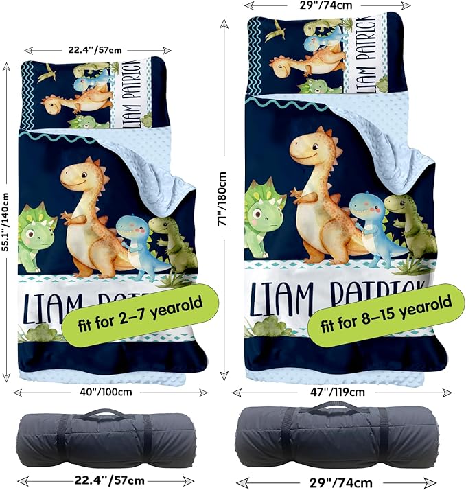 Personalized Toddler Nap Mats for Preschool, Custom Name Kids Sleeping Bag for Daycare, Roll Up Sleeping Mat with Removable Pillow and Soft Dot Minky Blanke for Boys Camping Travel