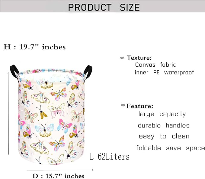 KUNRO Spring Butterfly Laundry Gift Basket Storage Hamper, Kids Toys and Clothes Storage Organizer Bins, Toy Shelf Basket with Handles for Room Decor