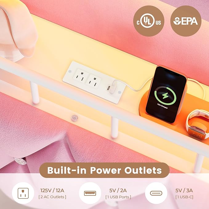 ADORNEVE Queen Bed Frame with LED Lights, Princess Velvet Upholstered Platform Bed for Girls, Headboard with Charging Station & Guardrail & Crystal Button, No Box Spring Needed, Pink