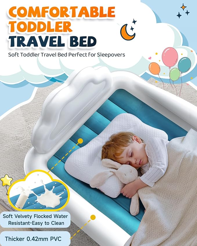 Toddler Air Mattress with Electric Pump, Inflatable Toddler Travel Bed with Safety Sides, Portable Kids Blow Up Mattress for Travel, Camping Grandma Sleepovers Playing Air Bed, Gift for Kids