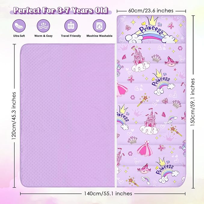 Toddler Nap Mat Kids Sleeping Bag 59"×24", Soft Slumber Bag with Removable Pillow and Blanket for Kids Girls Boys,Roll Up Sleeping Mat Thick for Camping,Daycare, Kindergarden