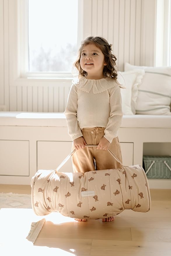 Organic Toddler Nap Mat – 100% Cotton Kids Washable Sleeping Mat & Detachable Pillow – Sleeping Bag with Soft 1.5” Pad – Ideal Nap Mat for Daycare, Preschool, & Sleepovers