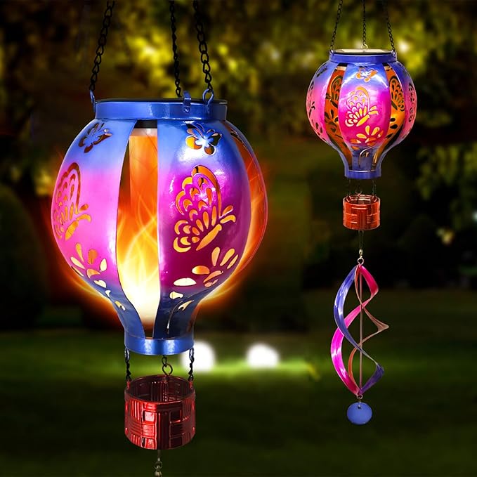 Hot Air Balloon Solar Lantern Butterfly Wind Spinners with Flickering Flame Light Hanging Solar Lantern Outdoor Waterproof Decorations for Outside Patio Garden Yard