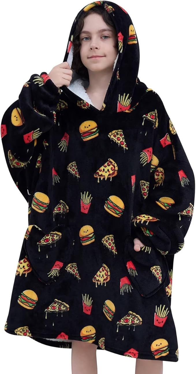Fiosnow Pizza and Chips Blanket Hoodies for Kids 6-13YR Oversize Wearable Blanket Hoodies for Boys Girls Teens