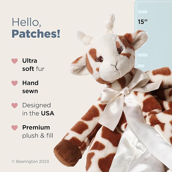 Bearington Baby Patches Snuggler - 15 Inch Giraffe Plush Stuffed Animal Security Blanket Lovey for Babies - Security Patch Plush Blanket