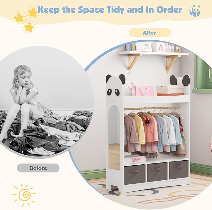 Kids Dress Up Storage Rack Mirror Wood Child Wardrobe 2 Hooks 2 Fabric Bins Toddler Closet Girls Boys Open Hanging Armoire Storage Shelf Coat Costume Hat Shoe (White/Panda/Three Drawers)