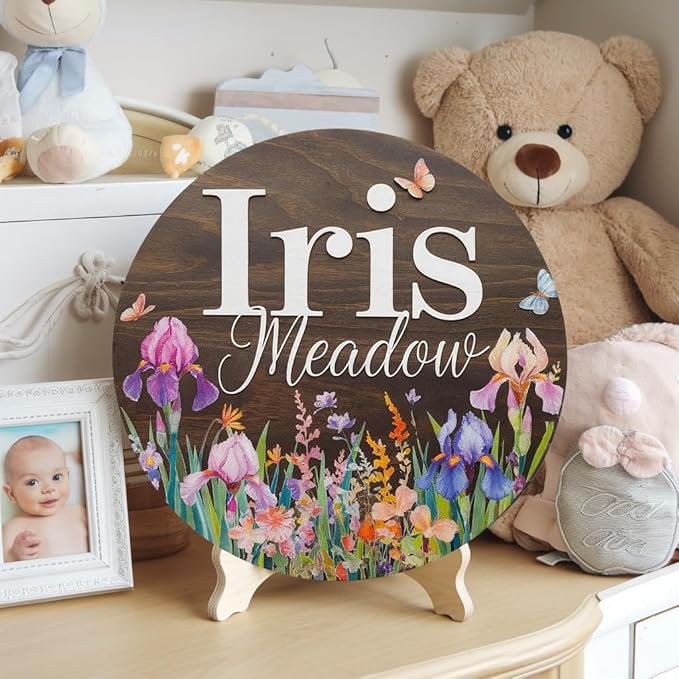 Personalized Wooden Name Signs for Nursery, Iris Sign for Baby Door Decor, Newborn Gifts for Girl, Girls Nursery Wall Bedroom Decorations, Mother's Day Gifts for New Mom Dad Gift