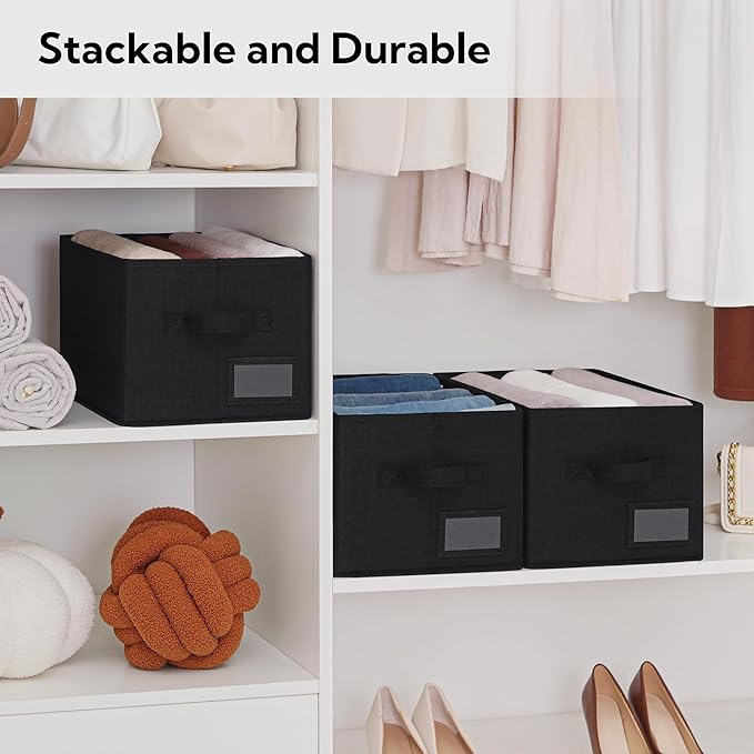 GRANNY SAYS Shelf Storage Bins, Fabric Storage Baskets for Closet and Clothes, Collapsible Storage Boxes with Handles, Decorative Storage Containers for Bedroom, Black, Large, 3-Pack