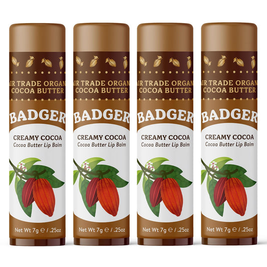 Badger Creamy Cocoa Cocoa Butter Lip Balm, Long Lasting Hydrating Lip Moisturizer, Fair Trade, Large Size Stick, 100% Organic Lip Care, 4-pack