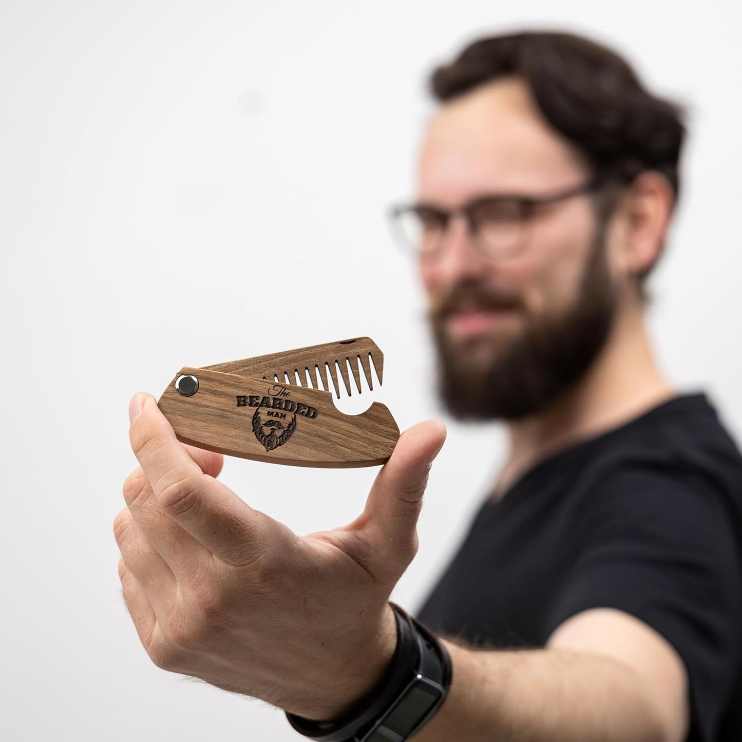 Beard Comb for Men Pocket Folding Combs for Mustache & Hair Travel Natural Wooden Comb with Real Man Engraving - Perfect for Use w/Beard Balm Oil (The Bearded Man)