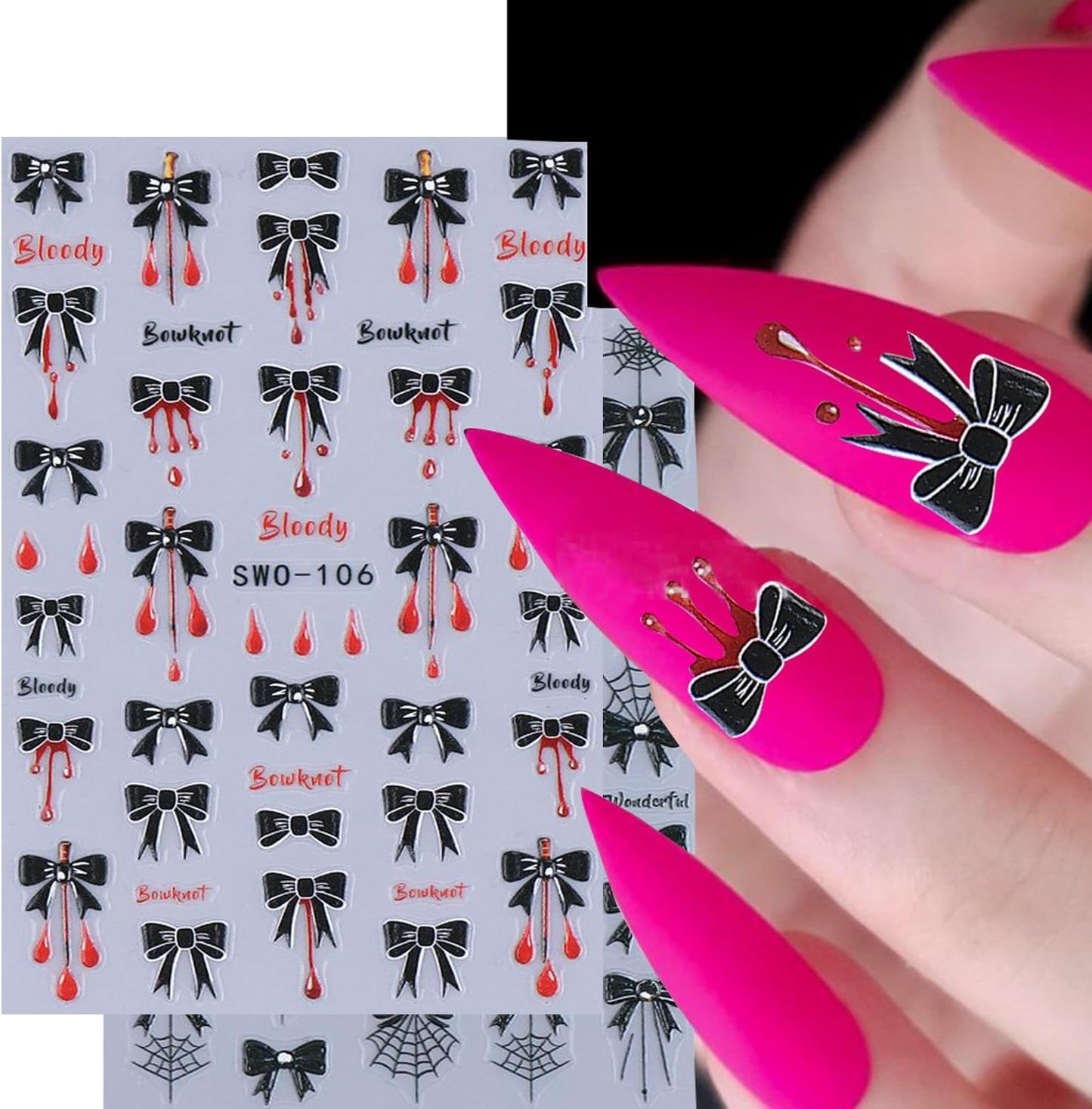 6 Sheets Halloween Nail Art Stickers 3D Self -Adhesive Black Bow Spider Web Nail Decals Holographic Bat Blood Drops Nail Stickers Halloween Nail Decoration for Women Manicure Supplies