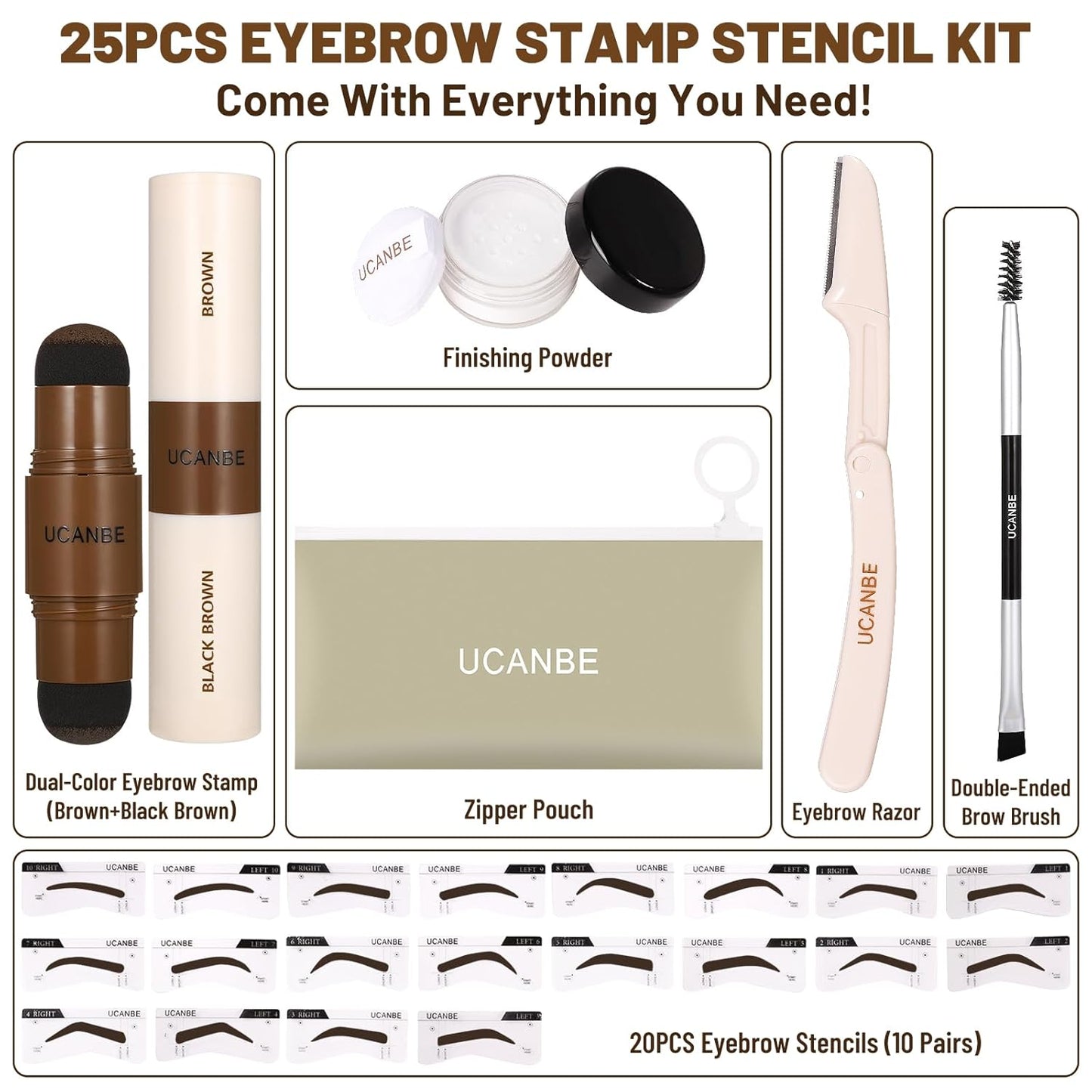 UCANBE 25PCS Eyebrow Stamp Stencil Kit With Dual-Color Eyebrow Stamp Pomade,20 Reusable Eyebrow Stencils,Finising Powder,Brush,Eyebrow Razor,Zipper Pouch,Waterproof Eye Brow Stamping and Shaping Kit05