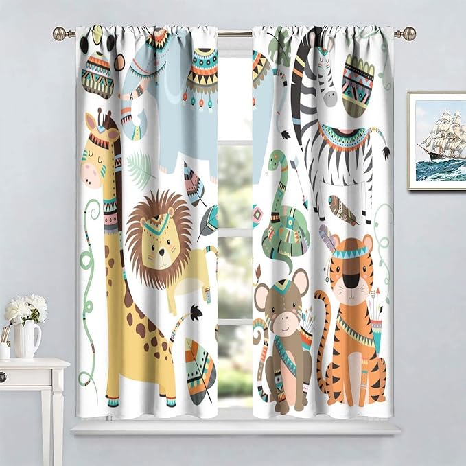 Jungle Tribal Animals Curtains, Southwest Aztec Cartoon Funny Zoo Animals Giraffe Lion Elephant Zebra Tiger Print Thermal Insulation Window Drapes for Kids Boys Girls Bedroom Living Room 63x63in