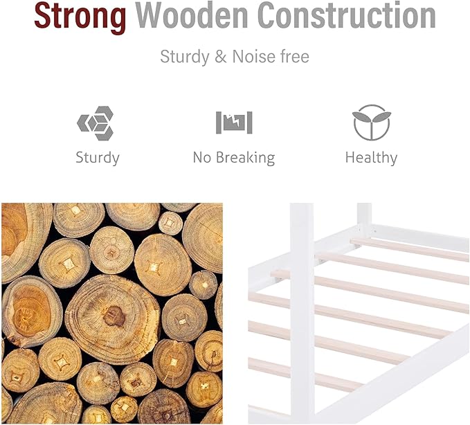 Merax Wood House Bed,Floor Bed with Wood Slats,No Box Spring Needed,Twin Size, White