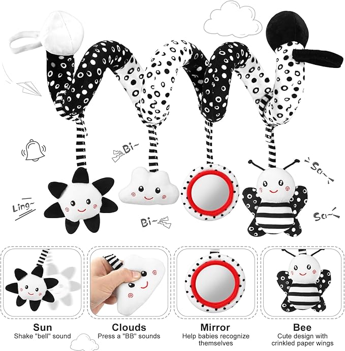 Newborn Toys,High Contrast Black & White Baby Toys 0-6 Months with Sensory Cards & Rattle, Essential for Brain Development, Tummy Time & Car Seat Toys for 0 2 4 6 Month Old