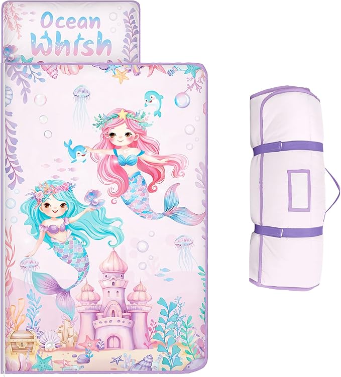 Toddler Nap Mat Kids Sleeping Bag 59"×24", Soft Slumber Bag with Removable Pillow and Blanket for Kids Girls Boys,Roll Up Sleeping Mat Thick for Camping,Daycare, Kindergarden