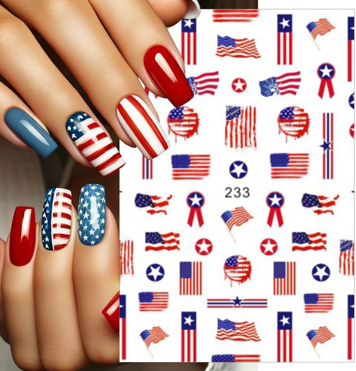 8 Sheets 4th of July Nail Art Stickers Independence Day Decals 3D Self-Adhesive Nail Design USA Flag Heart Letters Fireworks Star Nail Supplies Fireworks 4th of July Nails Stickers for Women Girls DIY