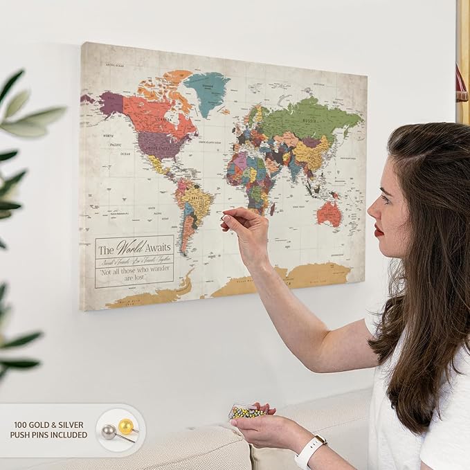 ElephantStock - Personalized World Awaits II Push Pin World Map Wall Art - Horizontal Canvas Wall Art - Living Room Wall Decor - Digital Art Map Canvas Art - Green And Beige Decor - 30" x 20"