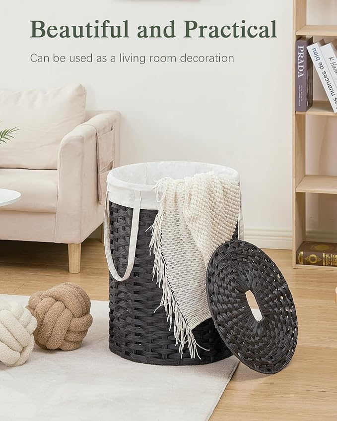 Laundry Hamper with Lid Laundry Basket with Lid 19.0 Gal (72 L) Round Wicker Laundry Basket Handwoven Rattan Basket with Lid Removable Bag 2 Mesh Bags Handles for Living Room Bathroom Black