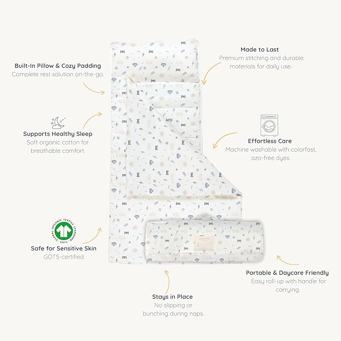 Makemake Organics GOTS Certified Organic Cotton Nap Mat with Detachable Pillow for Kids Soft Sleeping Bag for Toddlers, Boys, Girls - Ideal for Daycare, Preschool, Kindergarten