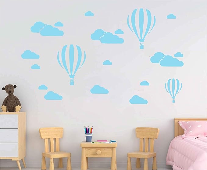 Giant Removable Vinyl 3D Hot air Balloons with Clouds Wall Decals DIY Wall Stickers Nursery Decor Kids Bedroom art Decoration Girls Rooms Decal Child Sticker Home Walls Decal (White) D952 (Canal Blue)
