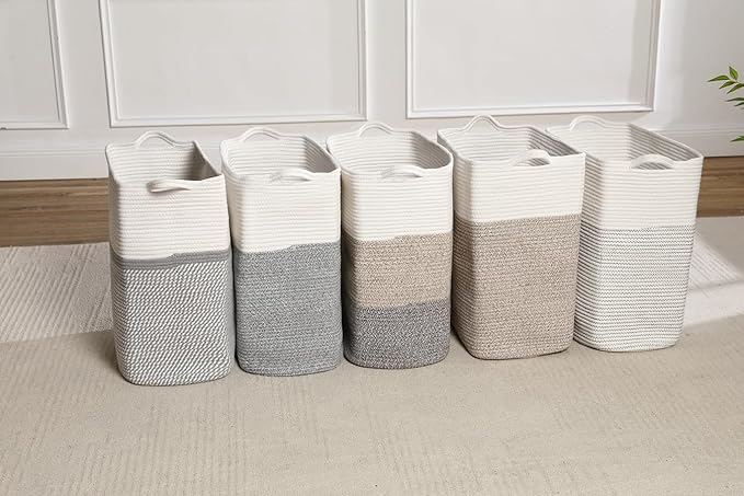 Tall Laundry Basket With Handles,Woven Cotton Rope Big Laundry Hamper Sorters,Versatile Storage for Dirty Clothes,Baby Toys,and Blankets in Bathroom, Nursery,and Living Room (Gradient Brown, 50L)