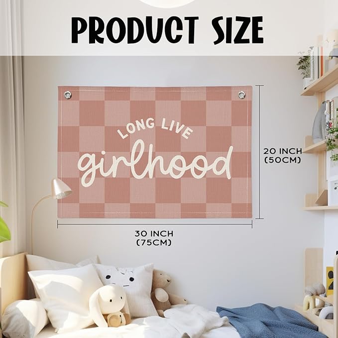 "Long Live Girlhood" Linen Canvas Wall Hanging 20x30 Inch - Pink Buffalo Check Girls Nursery & Toddler Room Decor, Banner Flag for Playroom Wall Art