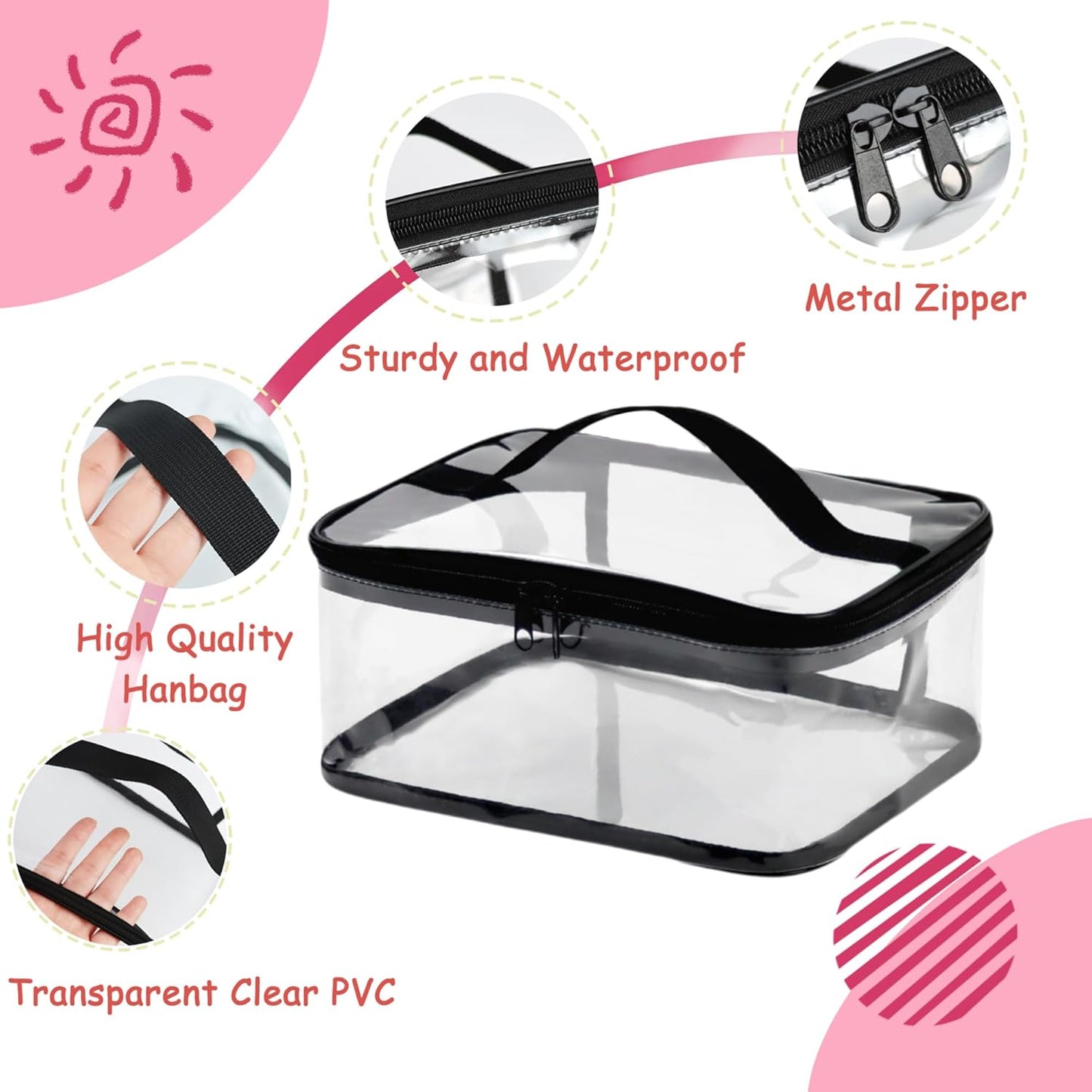 Transparent PVC Storage Bags with Reinforced Handles & Double Zipper - Waterproof Organizer Pouches for Toys, Travel Toiletries, Makeup, Crafts (9.4x6.7x4.3 Inch) 4 Pack