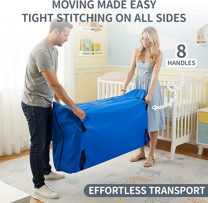 1 Pcs Oxford Cloth Waterproof Crib Mattress Storage Bag with Zipper and 8 Reinforced Handles Heavy Duty Reusable Crib Mattress Cover for Storage, 52.5 x 28 x 6.5 Inches (Blue)