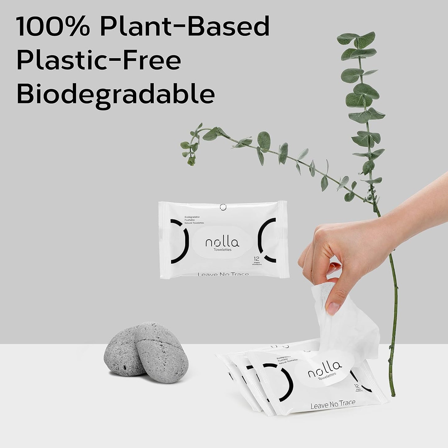 Nolla Flushable Wipes Travel Packs, 100% Plant-Based, Plastic-Free and Biodegradable - Unscented + Soothing Aloe and Vitamin E 120 Count (10 Packs of 12)