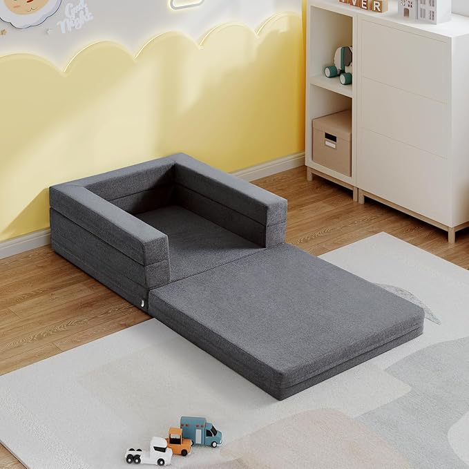 Travel Toddler Bed, 3-in-1 Convertible Sofa Bed for Toddler Portable Floor Beds, Flip Open Sofa Lounger for Girls and Boys, Made with High-Density Foam and Washable Cover,Gray