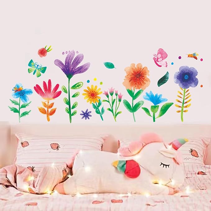 Watercolor Flower Wall Stickers - Kids Baby Boys Girls Toddler Garden Preschool Floral Wall Decals - Nursery Playroom Classroom Daycare Bedroom Home Wall Decor