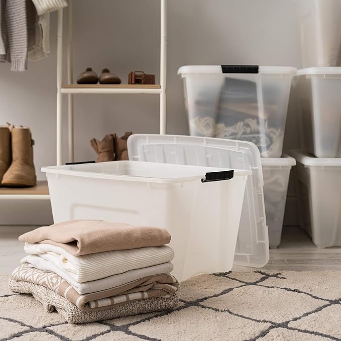 IRIS USA 54 Qt Stackable Plastic Storage Bins with Lids, 6 Pack - BPA-Free, Made in USA - Discreet Organizing Solution, Latches, Durable Nestable Containers, Secure Pull Handle - Pearl