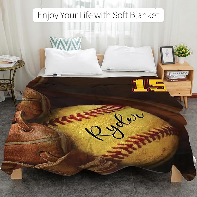Custom Baby Softball Blanket with Name Number: Personalized Fluffy and Warm Gift for Baby Toddler Kids and Adults Birthday Skin-Friendly Flannel Fabric(40"x50")