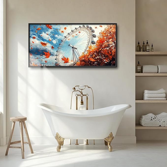 Olivine Large Fall Wall Art, London Eye Pictures Wall Decor, Fall London Painting, Autumn Canvas Prints, Framed Artwork for Bathroom Bedroom Living Room Office Home Decoration 60"x30"
