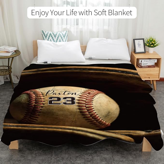 Custom Softball Baby Blanket with Name Number: Personalized Fluffy and Warm Gift for Baby Toddler Kids and Adults Birthday Skin-Friendly Flannel Fabric(50"x60")