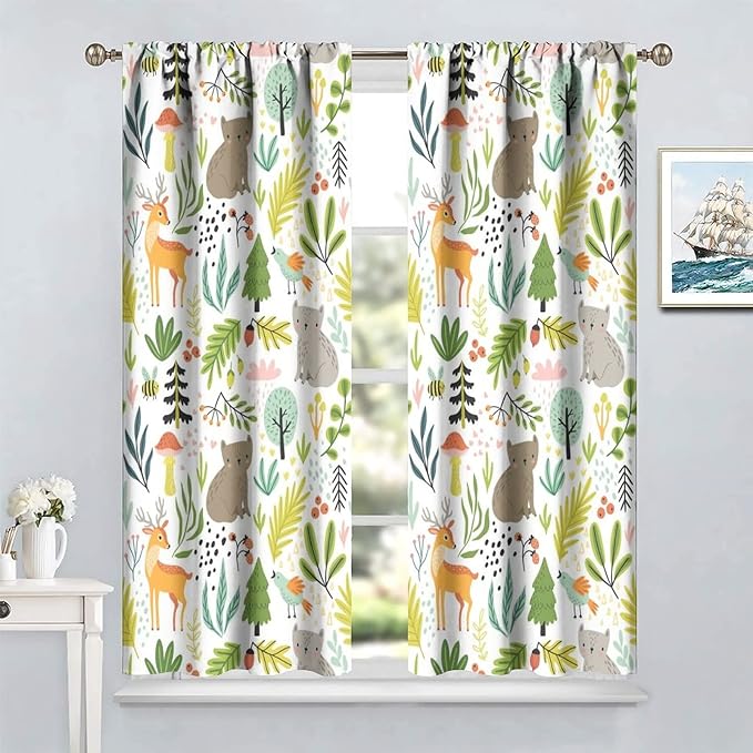 Cartoon Forest Kids Blackout Curtains,Cute Woodland Wild Animals Colorful Deer Plants Trees Print Pattern Thermal Insulation Window Drapes for Nursery Boys Girls Bedroom,White Background 63x63in