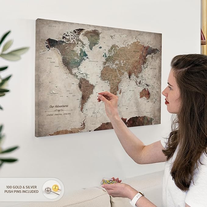 ElephantStock - Our Adventures World Map With Push Pin Iii Wall Art - Horizontal Canvas Wall Art - Living Room Wall Decor - Printmaking Map Canvas Art - Beige And Brown Decor - 30" x 20"