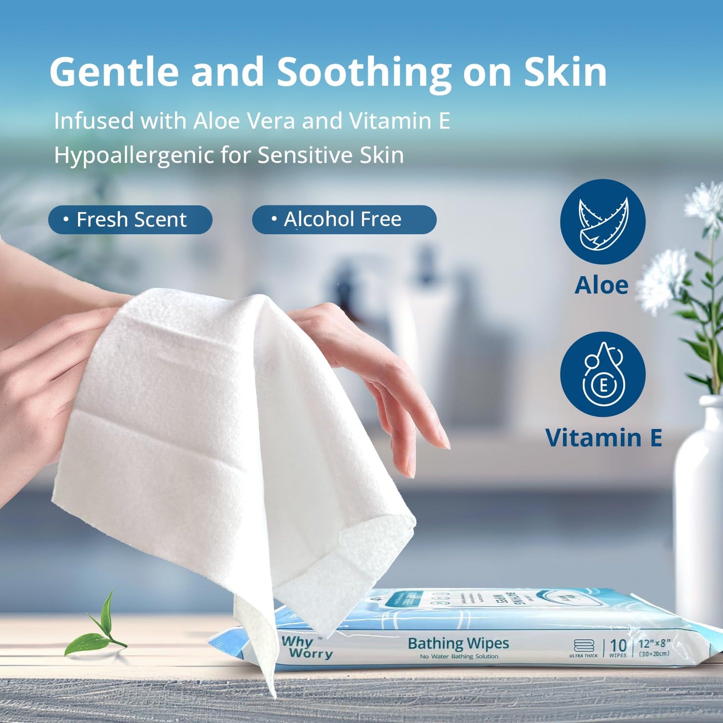 WhyWorry Ultra Thick Bathing Wipes for Adults Rinse Free, Large Body Cleansing Wipes with Aloe for Women, Men & Elderly, 8" x 12" Disposable Shower Washcloths for Gym & Camping, Fresh Scent, 50 Count