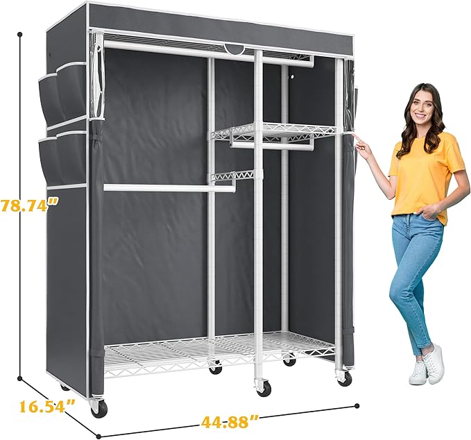 Raybee Clothes Rack with Cover Clothing Racks for Hanging Clothes Heavy Duty Portable Closet with Wheels，Rolling Garment Rack for Bedroom,White