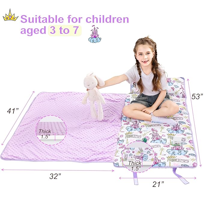 Viviland Toddler Nap Mat, Rolled Sleeping Mats with Pillow and Minky Dot Blanket for Girls, Kids Slumber Bag Nap Mat for Preschool, Daycare, Kindergarten, Travel Camping - Princess Fantasy